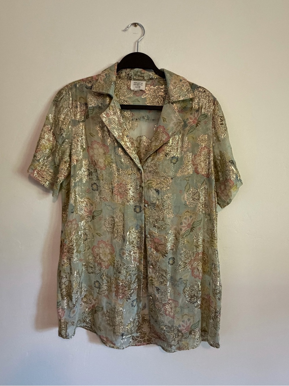 HEMANT & NANDITA Metallic Floral Jacket — Gold, Sage & Pink